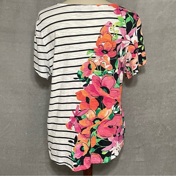 Chico’s Size 2 (US L=fits 12–14)floral Stripe Cotton Tee Shirt Short Sleeve Top - Picture 4 of 7